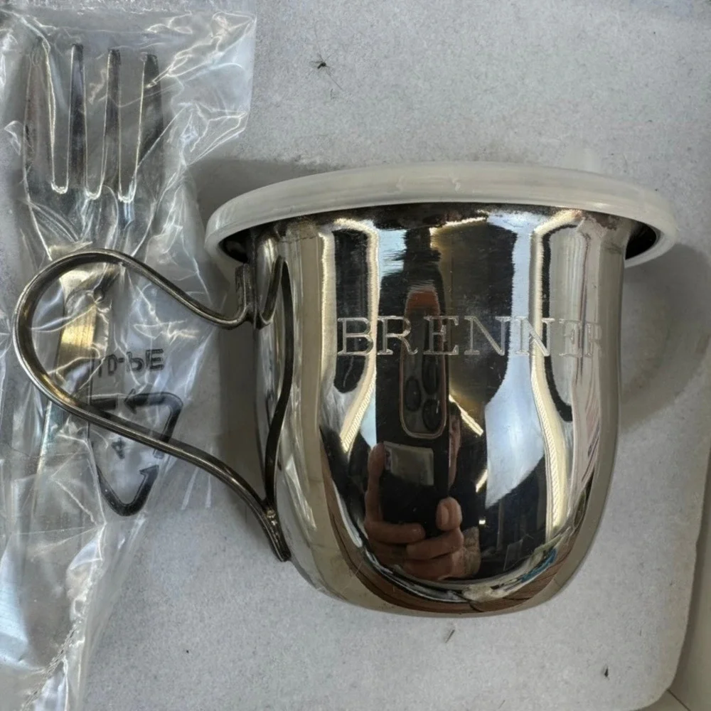 Silver Plated Baby Feeding Set Briar Patch Cup Spoons Fork 5 Pieces Engraved